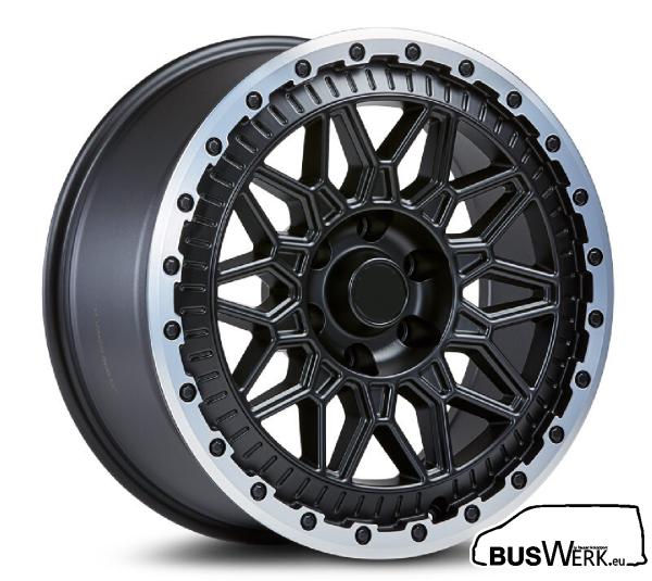 8x18 ET50 mattschwarz / Felgenhorn silber BusWerk ROX Offroad / Allterrain Satz (4 Stck.) Alu-Felgen mit ABE für VW T5, T6 und T6.1