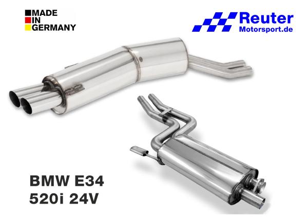 BMW E34 520i 24V 110 kW Sport-Endschalldämpfer mit 2x76mm Endrohren und Mittelschalldämpfer Edelstahl