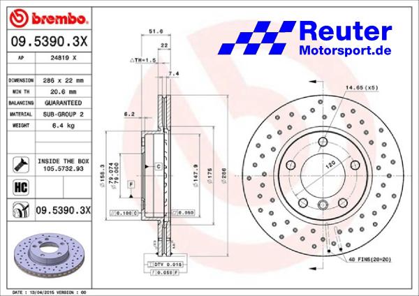 Gelochte Bremsscheiben vorne (2 Stck) mit ECE-Zulassung für BMW E36, E46, Z3, Z4 E85   Ø 286 x 22mm